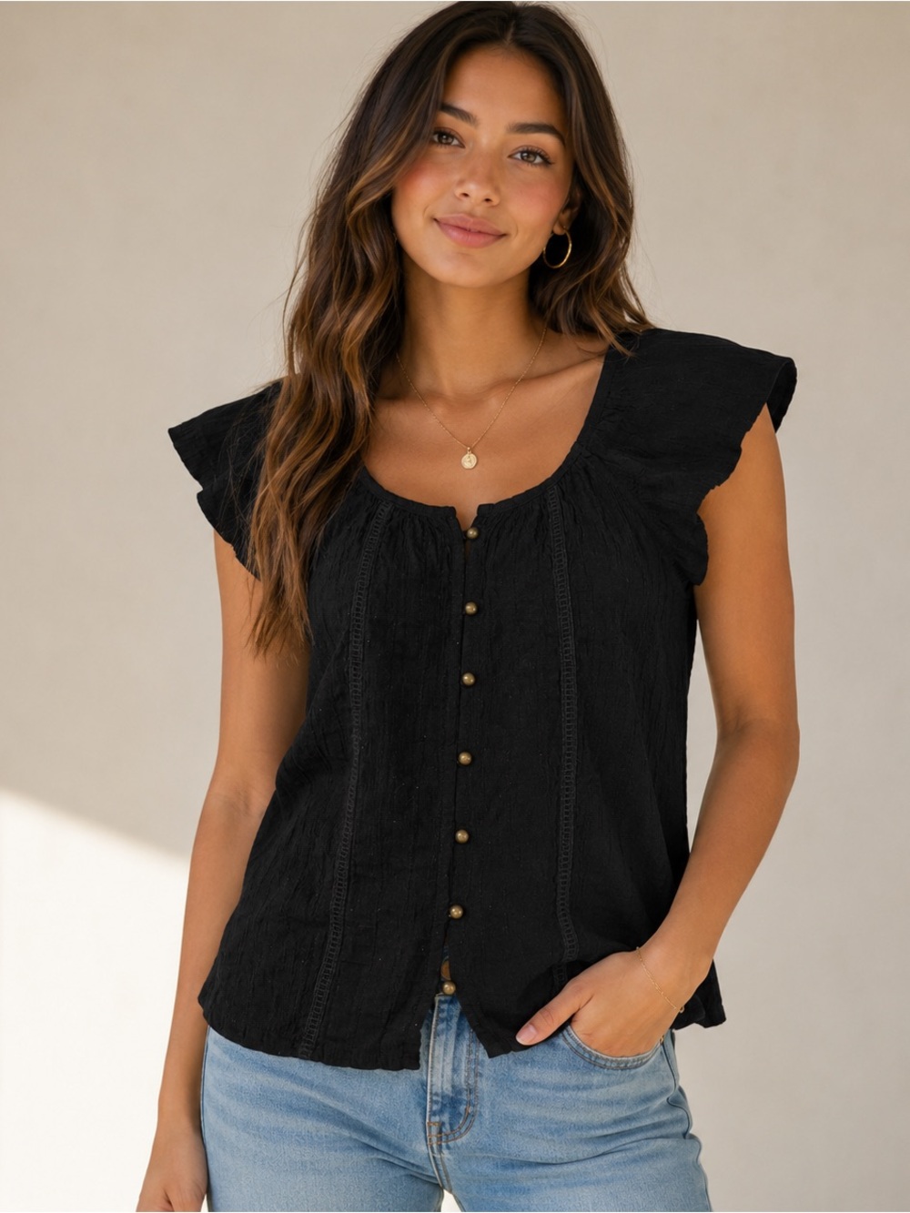 Rewind Black Flutter Sleeve Textured Top Size Small